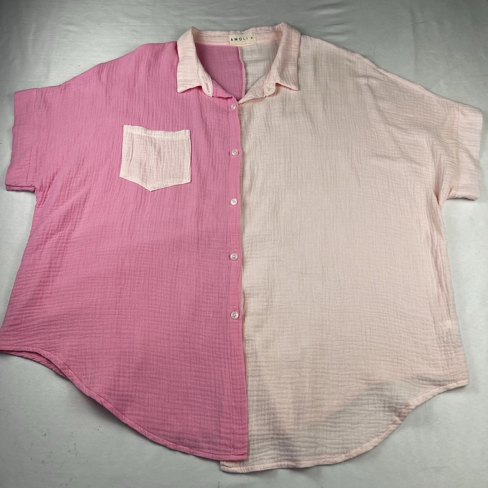 Amoli Cotton Gauze Pink Colorblock Oversized Button Shirt Beachy Coverup Med